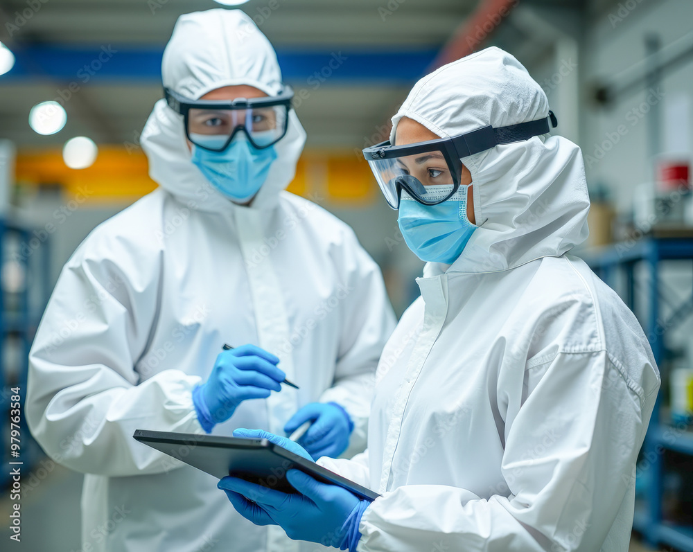 two specialist scientists in protective suits and masks with a tablet in their hands conduct an inspection of a dangerous object two specialist scientists in protective suits and masks with a tablet in their hands conduct an inspection of a dangerous object