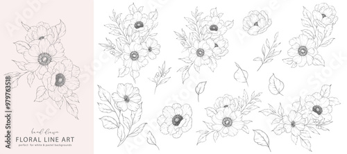 Ink Flower Drawing. Floral Line Art. Anemone Line Art Illustration. Line Art Bouquet.  Fine Line Anemone illustration. Hand Drawn flowers. Botanical Coloring. Wedding invitation flowers