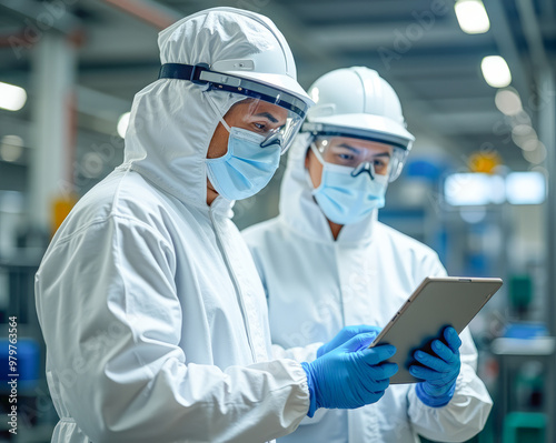 two specialist scientists in protective suits and masks with a tablet in their hands conduct an inspection of a dangerous object