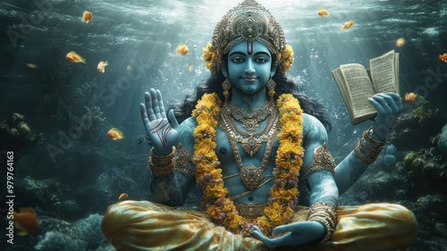 Divine Lord Vishnu as Matsya Swimming with Vedas photo