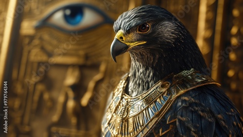 Powerful Horus, falcon-headed god, with the Eye of Horus shining brightly, embodying protection and kingship.