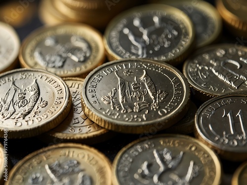 Macro shot of a pile of US dollar coins.