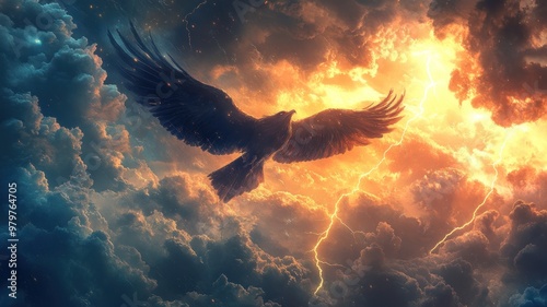 Epic thunderbird soaring through stormy clouds, lightning bolts following its wings, symbolizing power and storms.