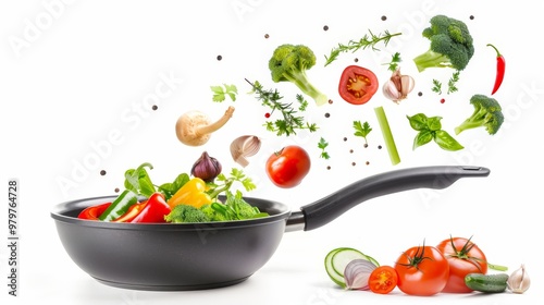 Flying vegetables and frying pan with lid isolated on white background