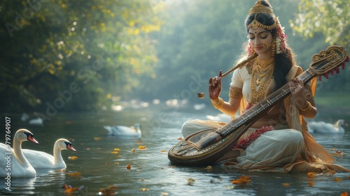 Ethereal Goddess Saraswati Playing Veena by Serene River