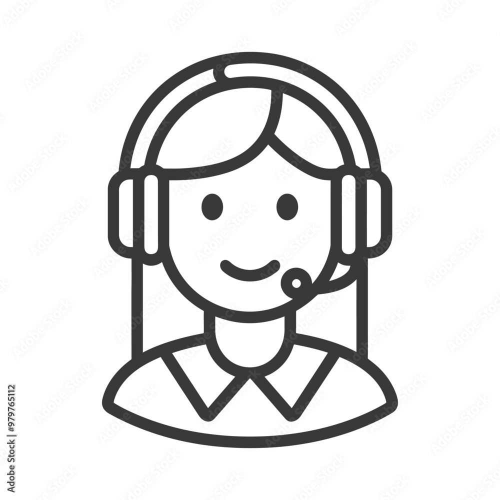 Line art illustration of a woman wearing a headset and smiling Line art illustration of a woman wearing a headset and smiling