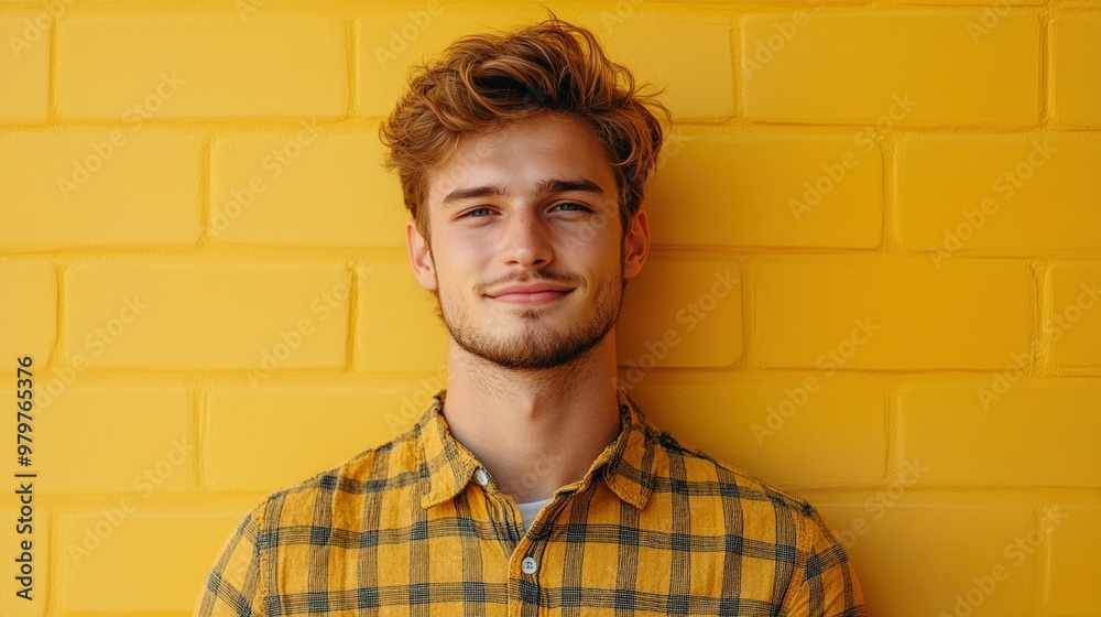 Portrait of a kind young Caucasian man wearing a yellow checkered shirt isolated on a yellow bright background with copy space. portrait of a satisfied young man