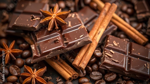 Aromatic coffee beans, spicy cinnamon, star anise, and decadent chocolate candies top view