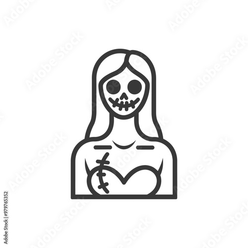 Line art illustration of a woman with a stitched up skull face and a stitched up chest