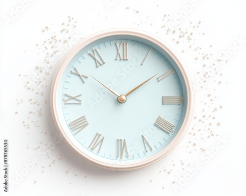 A blue clock with roman numerals on it