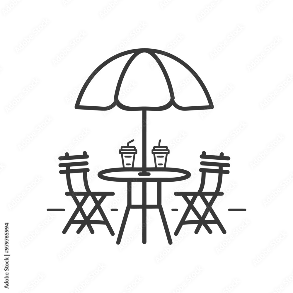 Line Art Illustration of Outdoor Seating with Umbrella Line Art Illustration of Outdoor Seating with Umbrella