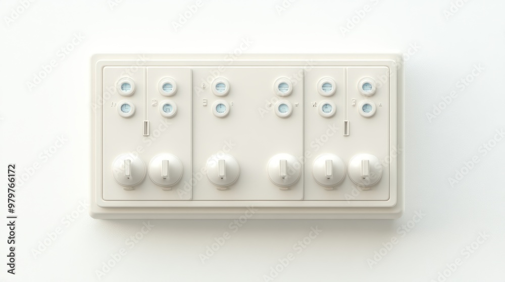 A white switchboard with four white knobs A white switchboard with four white knobs
