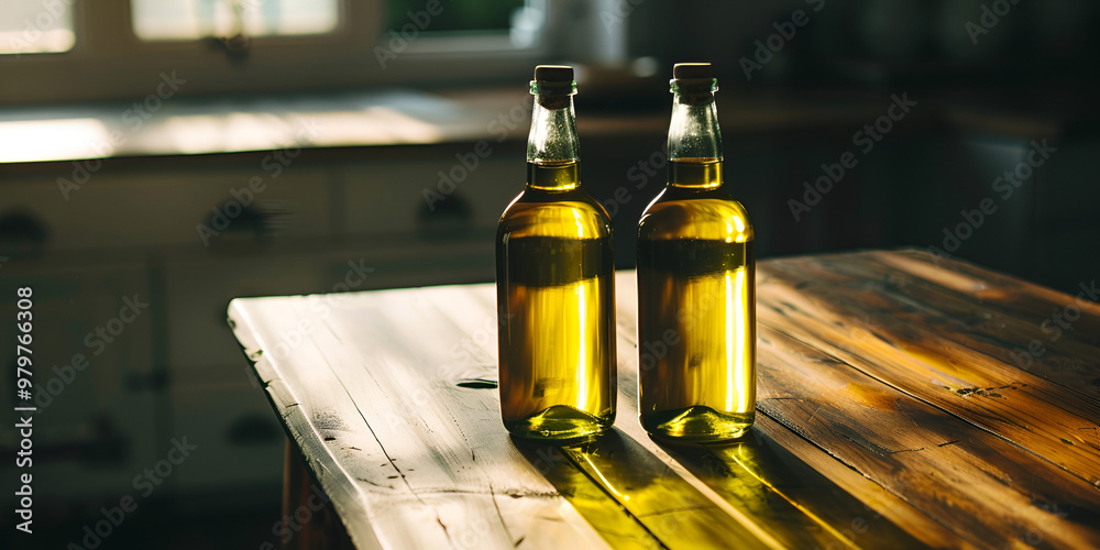 Bottles of Olive Oil with Sunlight Through Window Bottles of Olive Oil with Sunlight Through Window