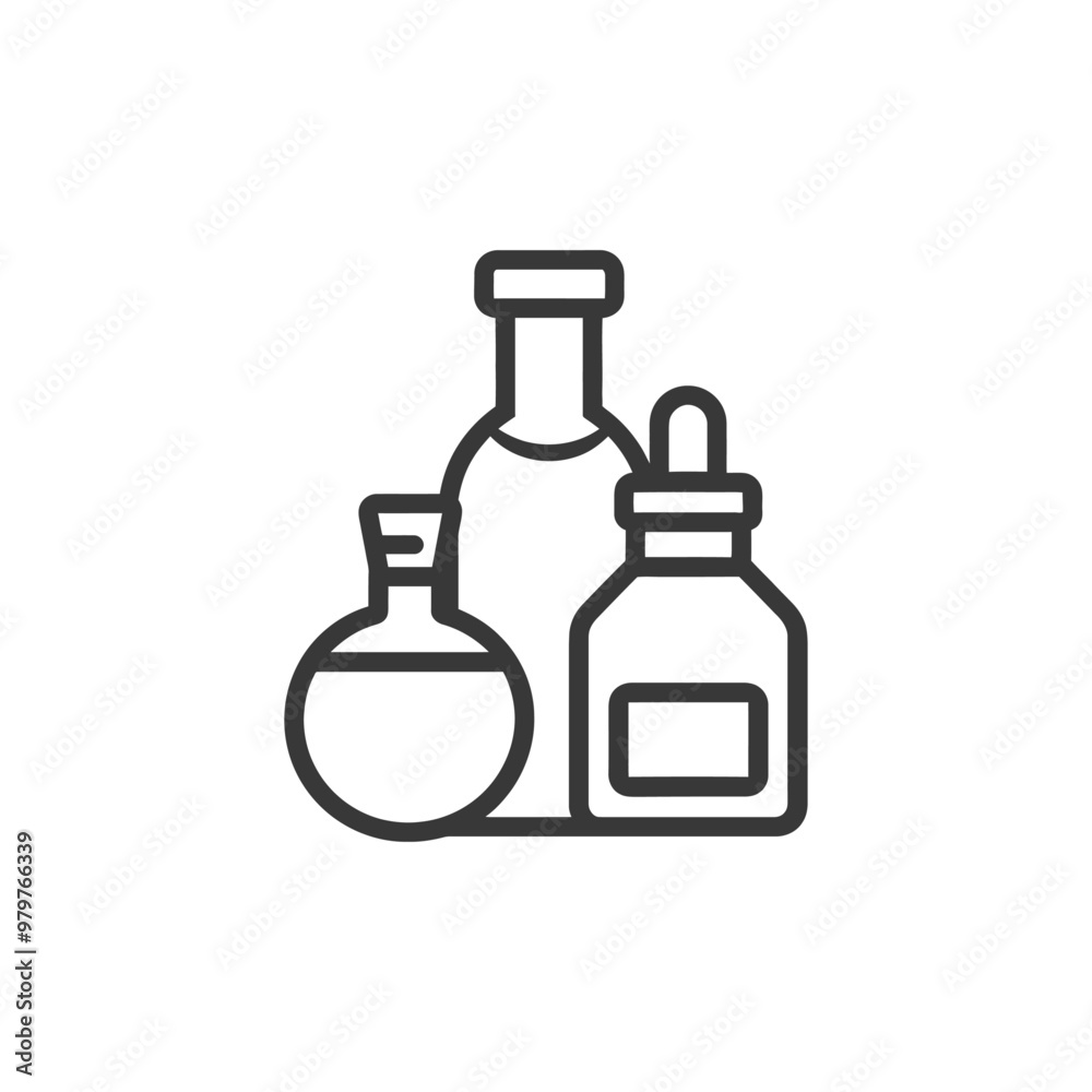 Line art illustration of three bottles with liquid Line art illustration of three bottles with liquid