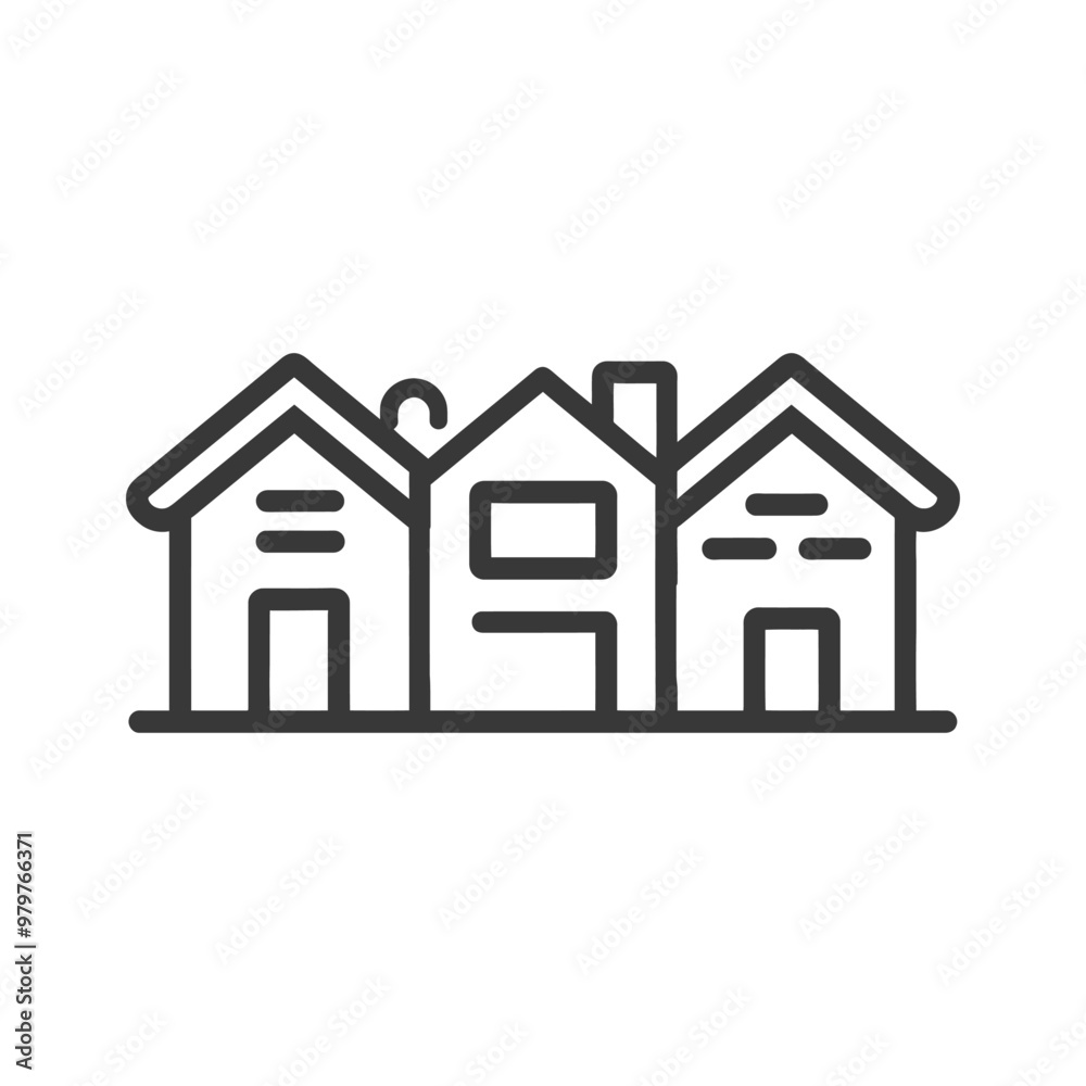Line art illustration of three houses with doors and windows Line art illustration of three houses with doors and windows
