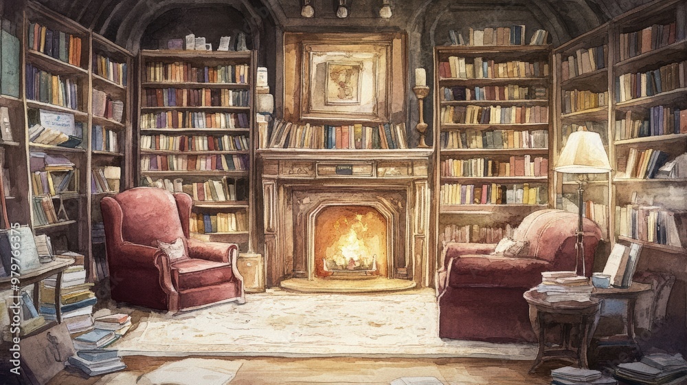 Cozy library with fireplace, bookshelves and armchairs. Cozy library with fireplace, bookshelves and armchairs.