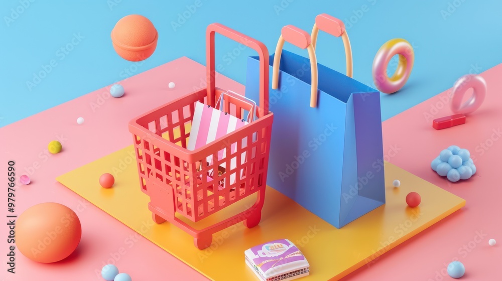 Fototapeta premium Shopping Cart and Bag on Colorful Background