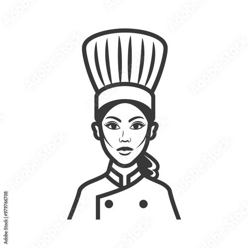 Line Art Portrait of a Female Chef Wearing a Tall Hat