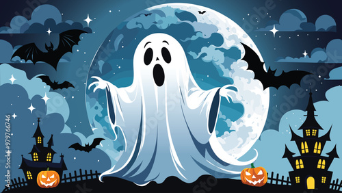 Spooky ghost illustration with bats on moonlit night Halloween background perfect for posters