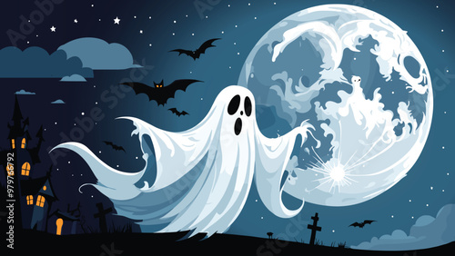 Spooky ghost with haunted expression floating against moonlit sky, Halloween vector illustration