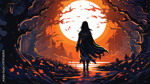 Mysterious silhouette in a dark forest at sunset, digital art illustration, perfect for storytelling