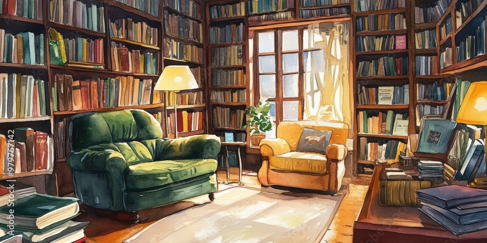 Cozy library with two armchairs, bookshelves, and a window.