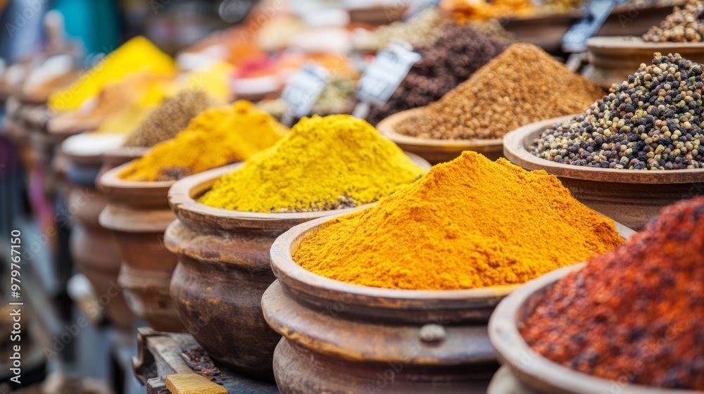 Fototapeta premium An artistic shot of a colorful Indian spice market with a variety of spices in open containers, showcasing the rich and diverse flavors used in Indian cooking.