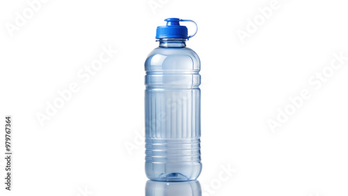 Small plastic water bottle with a blue cap for drinking and hydration needs. photo