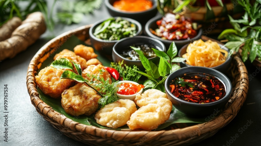 An artistic shot of a plate with various types of garnished with fresh herbs and served with dipping sauces, set against a clean table setting. An artistic shot of a plate with various types of garnished with fresh herbs and served with dipping sauces, set against a clean table setting.
