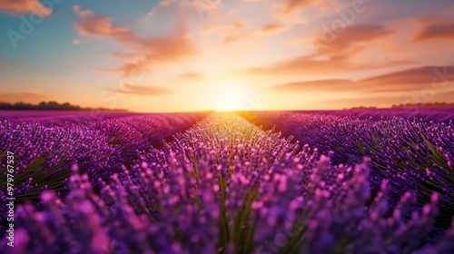 Expansive Lavender Fields Bathed in Warm Sunset Glow and Shadows