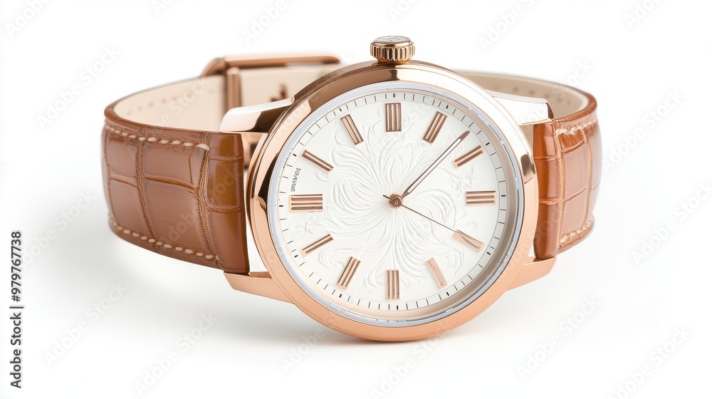 A gold and white watch with a brown band A gold and white watch with a brown band