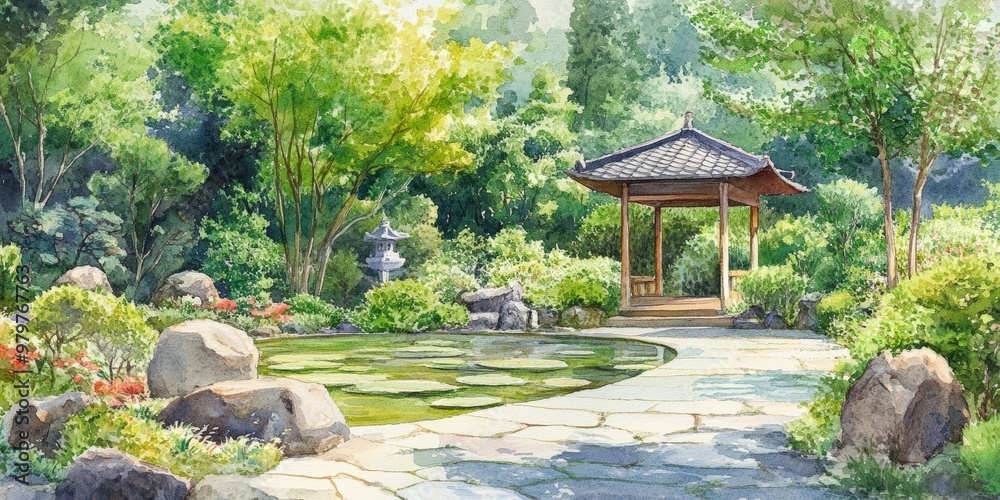 Obraz premium Watercolor painting of a peaceful garden with a gazebo.