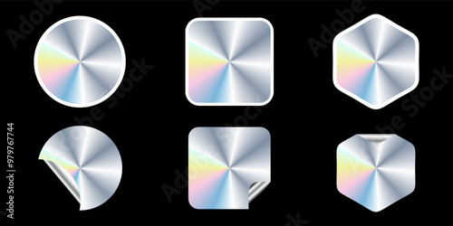 Holographic stickers. Hologram Label Set Isolated. Sticker shapes for design mockups.