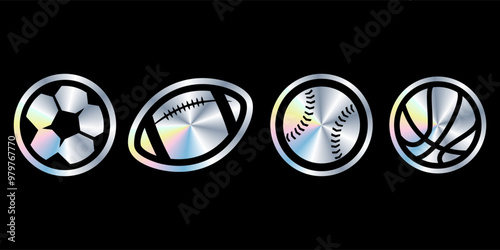 Sport ball holographic stickers. Hologram sport ball of different shapes. Sticker shapes for design mockups.