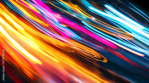 Vibrant abstract motion blur captures dynamic streaks of colorful light trails, punctuated by sharp, staccato strobe. Strobe Effect. Illustration