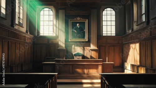 An empty courtroom with wooden paneling and vintage lighting, featuring the judge's bench in focus Generative AI