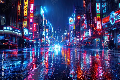 A city street at night with neon signs and rain