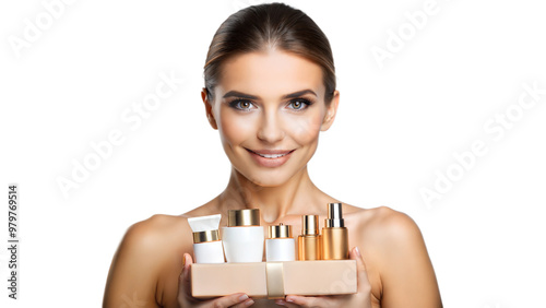 Smiling woman presenting beauty products for skincare and wellness purposes. photo