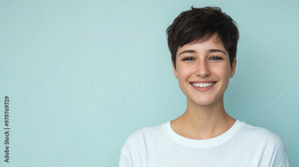 Young woman with short hair smiles brightly against a soft blue background during daylight Young woman with short hair smiles brightly against a soft blue background during daylight