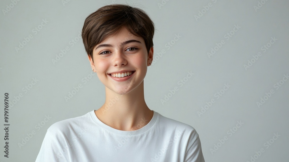 Smiling young woman with short hair poses against a plain background in a casual setting