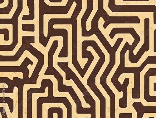  Intricate brown and wheat geometric pattern featuring maze-like shapes