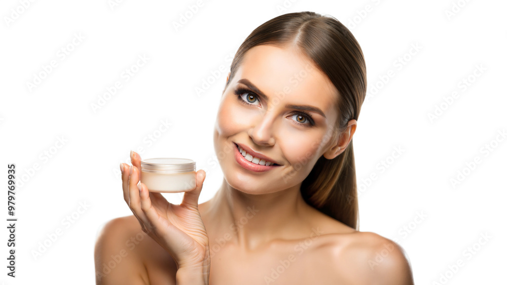 Smiling woman holding a jar of beauty cream for skincare and wellness. Smiling woman holding a jar of beauty cream for skincare and wellness.
