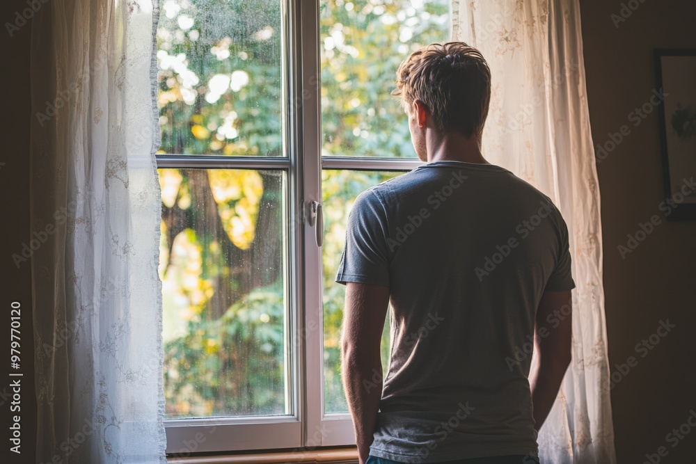 Man Looking Out the Window. A Thoughtful Scene Inside a Domestic Bedchamber Man Looking Out the Window. A Thoughtful Scene Inside a Domestic Bedchamber