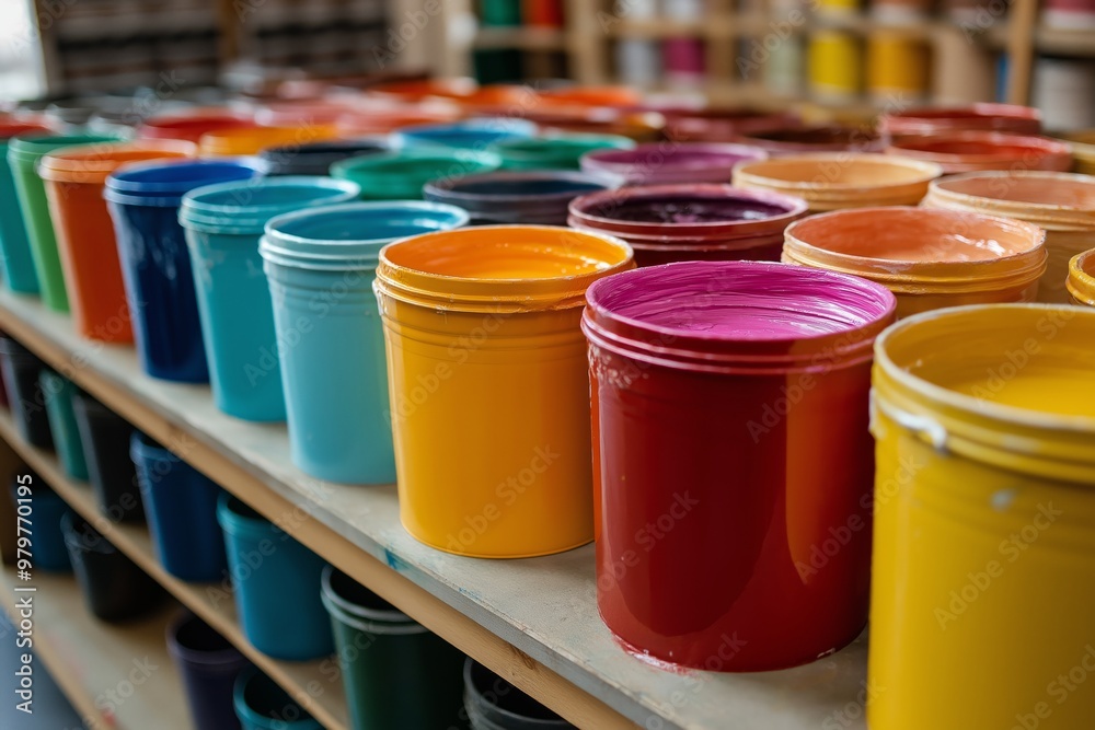Various colorful paint pots neatly arranged on a shelf in a craft studio, vibrant and inviting Various colorful paint pots neatly arranged on a shelf in a craft studio, vibrant and inviting
