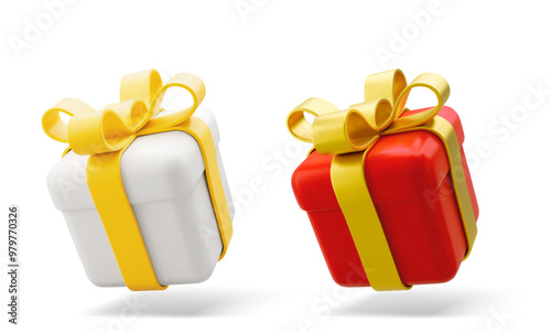 3D Vector illustration gift box. Christmas, new year, sale, shopping. Present box with bows ribbons. Giftbox for valentine, birthday, holiday. 
