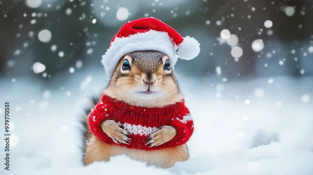 Chipmunk in snow with winter clothes like Santa Claus.. Christmas style hat and sweater. Funny animals in winter. Chipmunk in snow with winter clothes like Santa Claus.. Christmas style hat and sweater. Funny animals in winter.