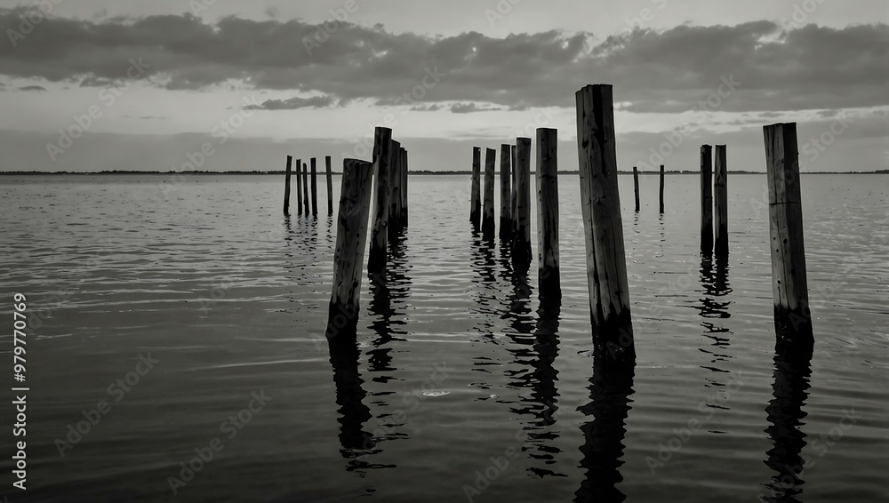Minimalist black and white photo of wooden beams on water. Minimalist black and white photo of wooden beams on water.
