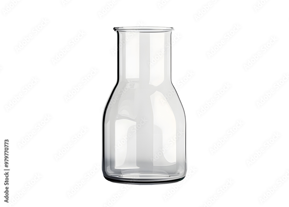 A clear glass beaker with a narrow neck and rounded body stands upright on a pure white background, isolated and centered with a subtle shadow. A clear glass beaker with a narrow neck and rounded body stands upright on a pure white background, isolated and centered with a subtle shadow.