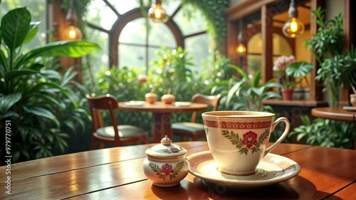 Greenhouse cafe with fluttering blue butterflies. background video. seamless loop.
