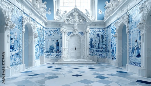 An ornate Portuguese church altar decorated with azulejos depicting religious scenes in soft blue and white, capturing the spiritual and artistic essence of the Iberian tradition